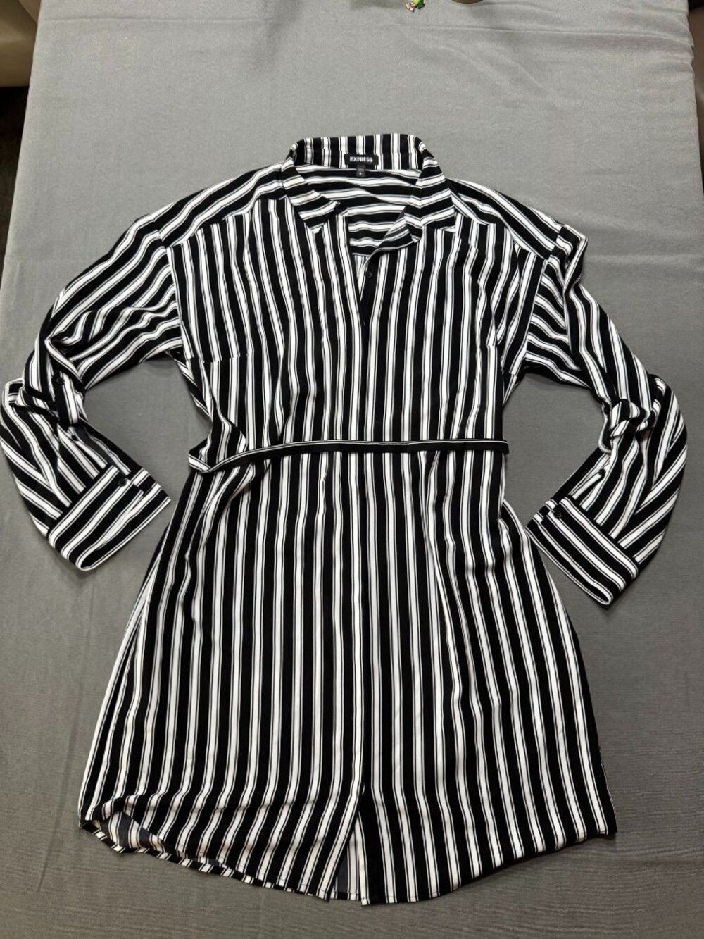 Express Black & White Striped Belted Shirt Dress L